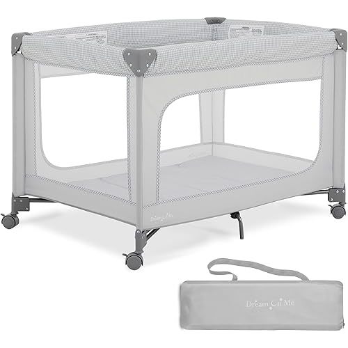 Dream On Me EZGo Portable Playard, Tool-Free Assembly, Easy One-Step Fold, Breathable Mesh Sides, Removable Mattress Pad & Smooth Locking Wheels, Travel Carry Bag Included – Gray