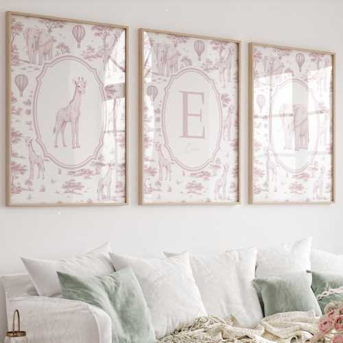 Pink Safari Nursery Art Prints: Chinoiserie Toile de Jouy Animals Print ∙ 1868