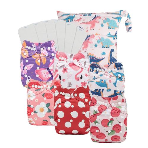 Babygoal Baby Cloth Diaper 6 Pack with 6pcs Inserts and Wet Bag for Fitted Diapers and Prefolds, Adjustable and Reusable Covers for Toddler Boys and Girls