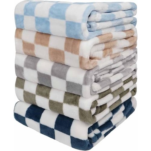Baby Blanket 5 Pcs Checkerboard Grid Ultra Soft Gift-Ready Plush for Newborns, Nursery & Stroller 30"x40" Green Blue Light Gray Dark Blue Camel