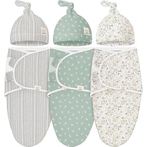 KeaBabies 3-Pack Swaddles for Newborns, Girls, Boys with Hats - Organic Soft Baby Sleep Sacks, Breathable Baby Swaddle 3-6 Months Beanies Set, Premie Infant Sleep Sack 0-3 Months (Aspire)