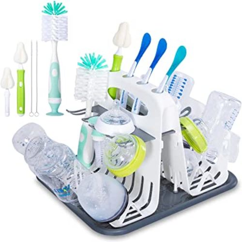High Capacity Drying Rack with 5pcs Brushes, Deluxe Countertop Drying Rack, Universal Drying Station, Baby Bottle Drying Rack with Bottle Brushes, Cup and Bottle Drying Rack, White