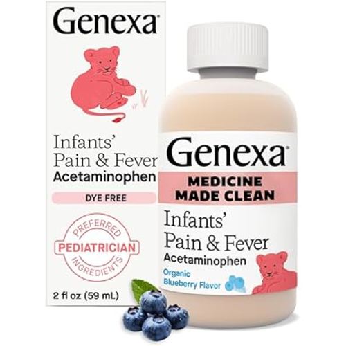 Genexa Infants' Clean Acetaminophen | Pediatrician Preferred Ingredients | Pain Reliever & Fever Reducer for Babies | Dye Free, 0% Artificial Additives | Delicious Organic Blueberry Flavor, 2 fl oz