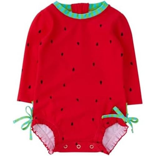 RuffleButts Baby Girls UPF 50+ Sun Protection Floral Printed Long Sleeve One Piece Rash Guard Swimsuit with Zipper