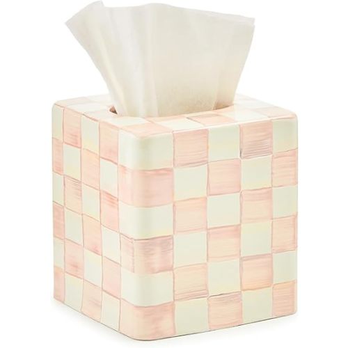 MACKENZIE-CHILDS Boutique Square Tissue-Box Cover, Tissue Holder for Home Decor, Pink-and-White Rosy Check