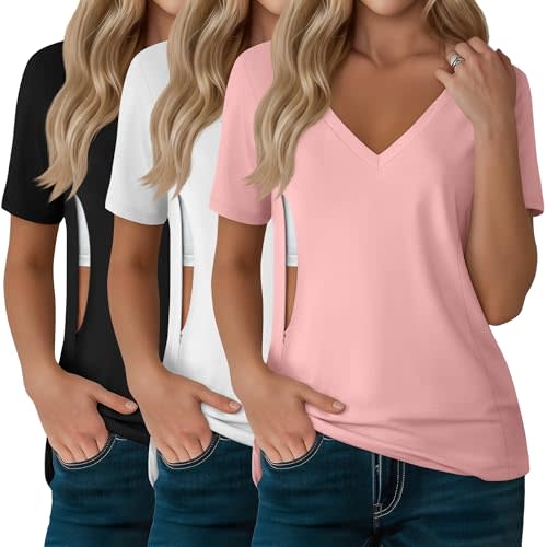 3 Pack Women's Nursing Tops, Hidden Zipper Nursing Shirts for Breastfeeding & Pumping V Neck Short Sleeve