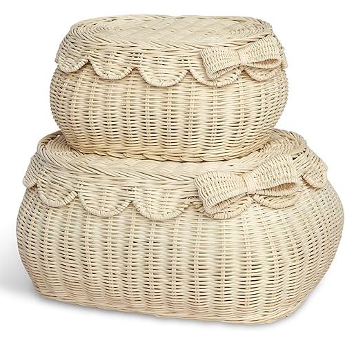 BEBE BASK The Original Scalloped Bow Basket with Lid – Set of 2 (15 x 11 x 6 in) – Handwoven Rattan Scalloped Wicker Basket with Lid, Woven Baskets for Storage (Bow)