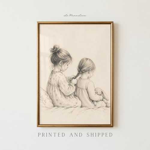 Sisters Braiding Hair Vintage Sketch Wall Art — Storybook Style Print