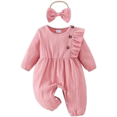 Newborn Baby Girls Smocked Romper Preemie Long Sleeve Going Home Outfit with Bow Headband