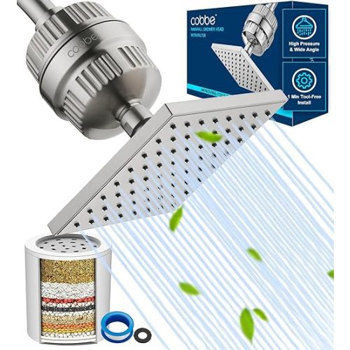 Cobbe High Pressure Filtered Shower Head Combo, Rain Shower Head with 20 Stage Shower Head Filter for Hard Water - Adjustable Replacement Remove Chlorine and Harmful Substances, Brushed Nickel