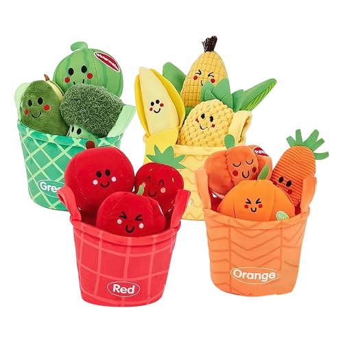 Plush Sensory Activity Toy Set, Soft Plush Fruit and Vegetable Bags with various stuffed fruits and vegetables for Early Play