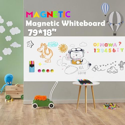 Magnetic Whiteboard Contact Paper for Wall 47.2" x 18", Adhesive Magnete Dry Erase White Board Sticker with 79 Magnetic Letters 12 Colors Chalk Markers for Kid, Peel and Stick Wallpaper