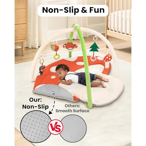 Beavtaens Upgrade Thickened Baby Play Gym, Extra Large Activity Mat, Machine Washable Playmat, Tummy Time Mat with Detachable Toys for Motor Skills, Non-Slip Bottom, Mushroom
