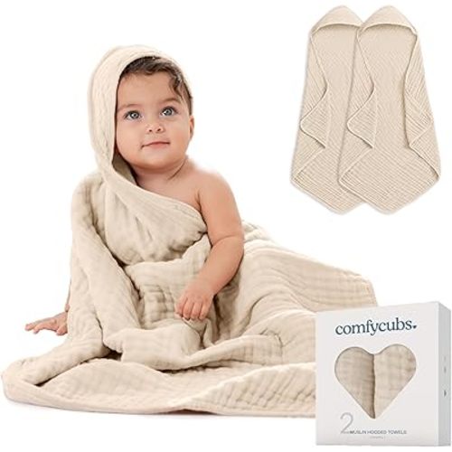 Comfy Cubs Hooded Baby Towel 2-Pack, Large 32 x 32 Inch - 6 Layer 100% Muslin Cotton for Babies, Toddlers and Kids - Soft & Absorbent Baby Bath Towels - Unisex Design for Bath Time - Sand
