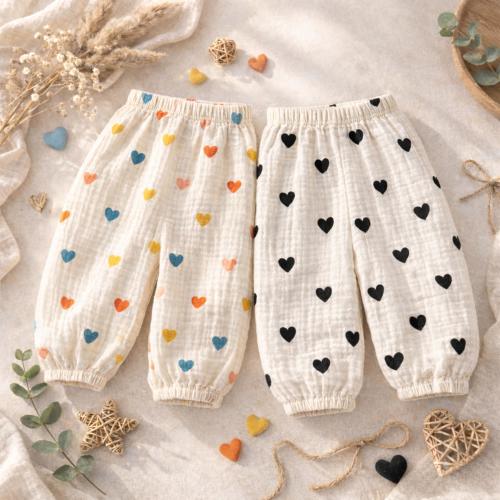 Baby Muslin Harem Pants with Heart Print – Lightweight Cotton Toddler Summer Pants, Unisex Loose Fit Kids Trousers, Shower Gift