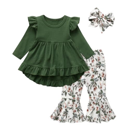 KuKitty Toddler Baby Girl Clothes Solid Color Long Sleeve Ruffle Tops Floral Bell-Bottoms Pants and Headband Outfits Set