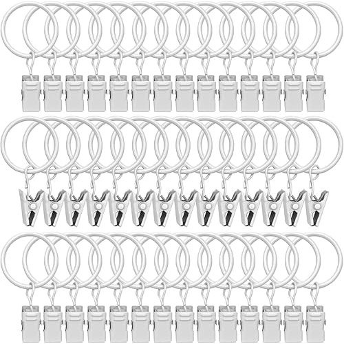 42 Pack Curtain Rings with Clips 1.26" Interior Diameter,Metal Drapery Ring with Clips Compatible with up to 1 inch Drapery Rod,Strong Vintage Decorative Rustproof Drapery Ring with Hooks(White)