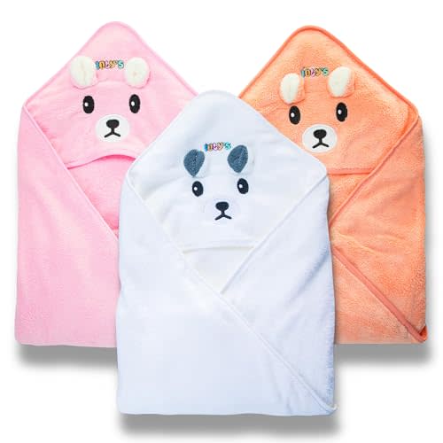 Hooded Baby Bath Towels for Newborn Essentials 41" (Large) Set 3 Towel with Hood for Kids Babies Toddler Infant Baby Towels with Hood Cosas para Bebes recien nacidos (White/Pink/Orange)