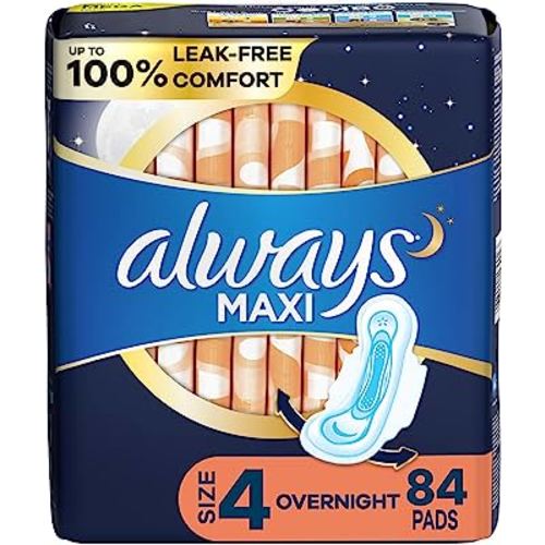 Always Maxi Overnight Pads with Wings, Size 4, Overnight, Unscented, 28 Count(Pack of 3)