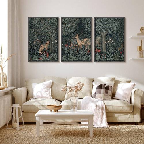 wall26 Forest Deer & Fox In Woodland Nursery Decor - Framed Canvas Kid's Bedroom Wall Art 3 Pieces Print & Reviews | Wayfair