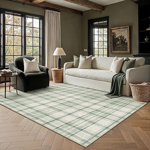 5x7 Green Area Rug for Living Room Bedroom Machine Washable Low Pile Checkered Carpet Modern Accent Soft Non Slip Rug for Dining Room Nursery Office Indoor