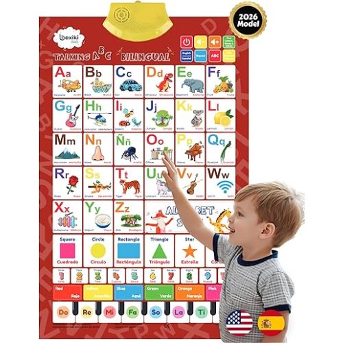Bilingual English & Spanish Interactive Alphabet Wall Chart (2026 Model) – Talking ABC Letters, Numbers 123 & Music Learning Poster – Educational Toy for Toddlers & Kids Ages 3+