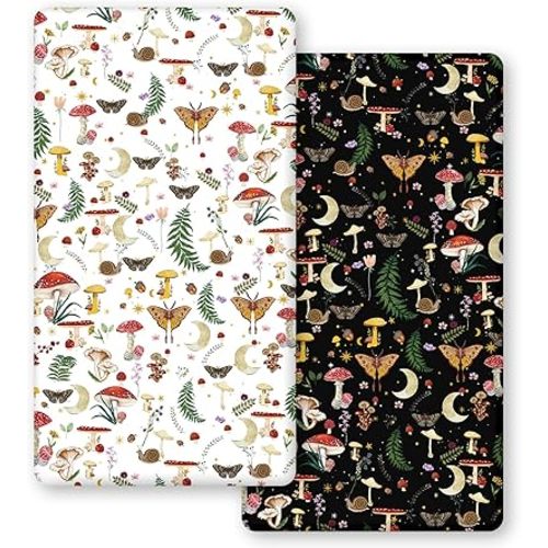 Horaldaily 2 Pack Fitted Crib Sheet for Boys Girls,Soft Breathable Washable Jersey Microfiber Baby Crib Sheet, Fits Standard Size Crib Mattress 28in x 52in, Mushroom Planting Nursery Sheet Black/White