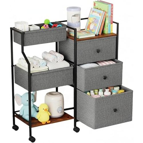 PandaEar Baby Diaper Caddy Organizer and Storage, 3-Tier Rolling Nursery Cart with Drawers & Dividers, Mobile Utility Storage Cart with Wheels for Baby Essentials, Bedroom, Changing Table, Grey