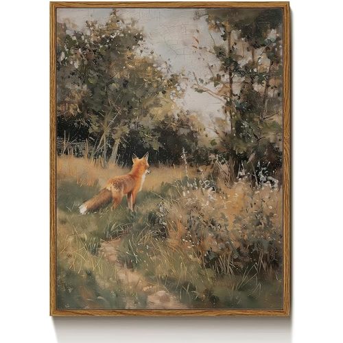 Vintage Fox Painting Canvas Wall Art Forest Animal Oil Painting Picture Wall Decor Cottage Core Little Fox Nature Painting Poster Print Artwork for Living Room Bedroom Office Home Decoration