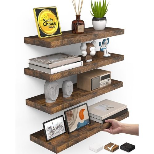 BAYKA Floating Shelves for Wall, 15.7in Wall Mounted Rustic Wood Shelves for Bathroom, Bedroom, Living Room, Kitchen, Hanging Shelf for Storage/Room Decor with 22lbs Capacity (Rustic Brown, Set of 4)