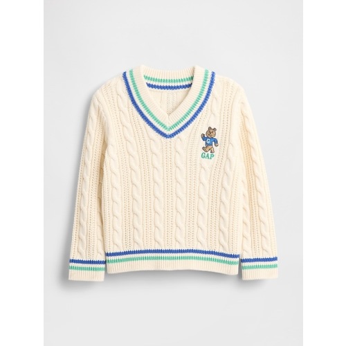 Baby & Toddler Bear Logo Varsity V-Neck Cable Knit Sweater