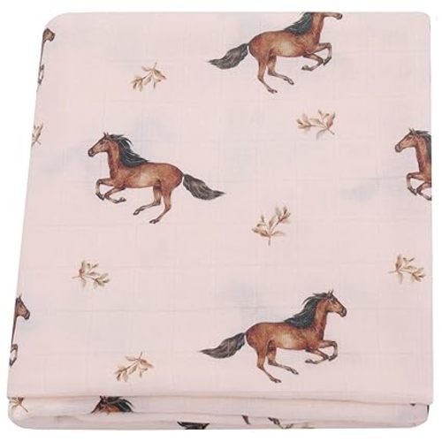 LifeTree Baby Swaddle Blankets, Muslin Swaddle Blankets Boys Girls Swaddling Wrap Receiving Blanket for Newborn, 70% Viscose Bamboo and 30% Cotton, Large 47" x 47", Horse Pattern