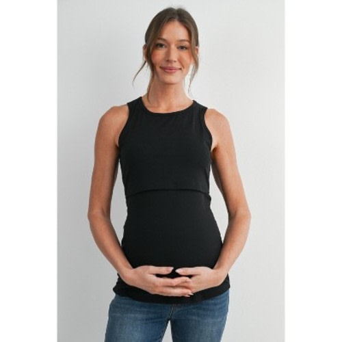 Hello Miz Women's Ribbed Sleeveless Maternity Nursing Tank Top with Lift-Up Panel - Black - Large