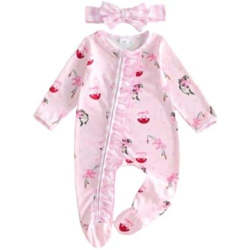 Baby Girl Fishing Outfit Footies Romper Zipper Jumpsuit with Headband