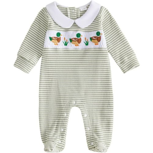Bagilaanoe Newborn Baby Boy Footie Romper Waffle Knit Outfit Fall Jumpsuit | Duck/Football Embroidery, Collared, Long Sleeve Jumpsuit Baby Boy Footed One Piece Clothes