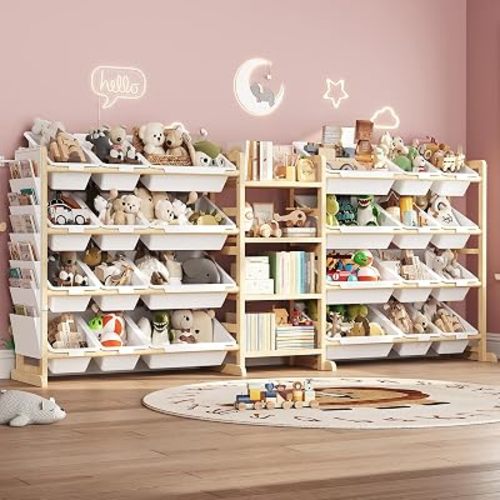 80''W Extra Large Kids Toy Storage Organizer with Bookshelf, 24 Toy Bins, Toy Organizers and Storage Book Shelves for Lego Toddler Nursery Room Playroom Decor Stuffed Animal Storage