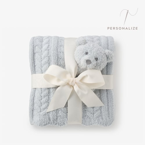 Pale Blue Cable Feather Knit Baby Blanket + Rattle Gift Set – Elegant Baby
