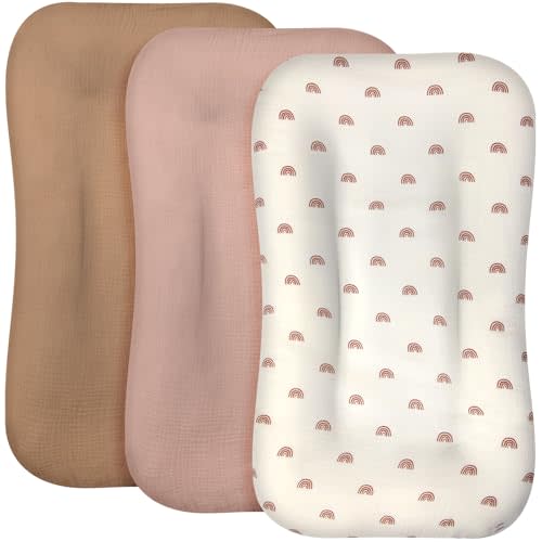 Newwiee Muslin Baby Lounger Cover 3 Pack Organic Cotton Removable Lounger Cover Soft and Breathable Nest Replacement Baby Slipcover for Newborn Infant Boys Girls(Brown, Khaki, Beige,Rainbow)