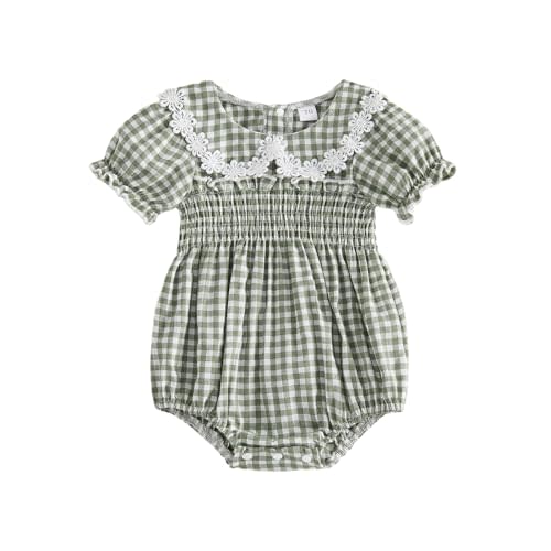 Douhoow Baby Girl Plaid Romper Short Sleeve Doll Collar Baby Dress Romper Infant Girl Summer Festival Clothes