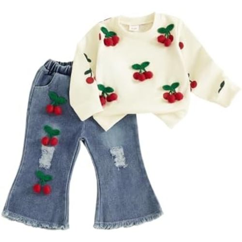 FYBITBO Toddler Baby Girl Clothes Fall Winter Baby Girl Outfit Floral Sweatshirt Bell Bottom Jeans Pants Spring Clothing