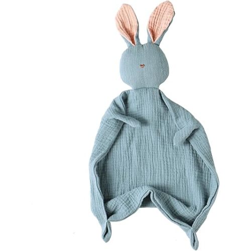 insular Bunny Lovey Blanket for Boys and Girls, Organic Cotton Muslin Security Blanket for Babies, Soft Breathable Lovie Soothing Towel for Newborn and Infant, Blue