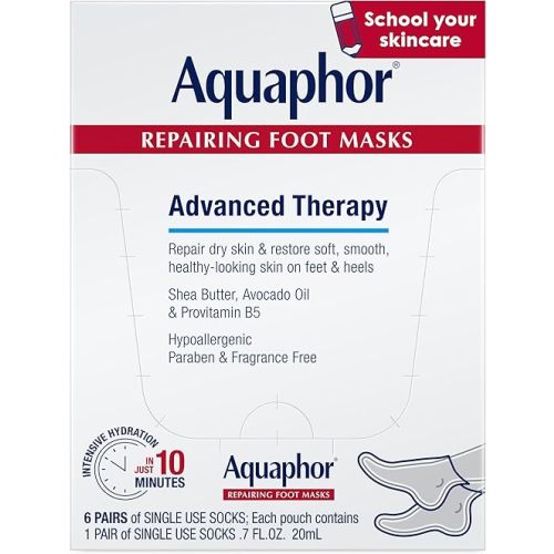 Aquaphor Repairing Foot Masks, Moisturizing Socks for Dry Feet, Hydrating Foot Care Treatment with Avocado Oil and Shea Butter, Pack of 6