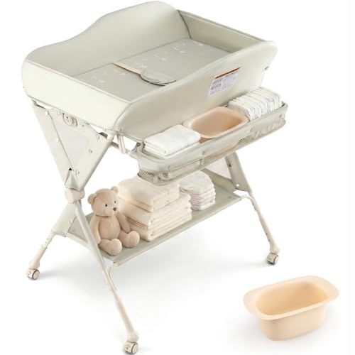 INFANS Baby Changing Table with Wheels, Portable Folding Diaper Station Nursery Organizer with Storage Basket, Hanging Rack, Adjustable Height, Safety Belt for Newborn Infant (Green)