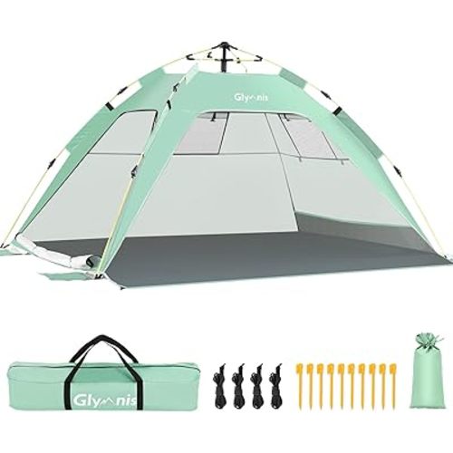 Glymnis Pop Up Beach Tent Sun Shade Shelter for 3-4 Person with UPF 50+, Lightweight & Easy Setup, Vent Windows & Zippered Door, Extended Floor Family Instant Beach Tent