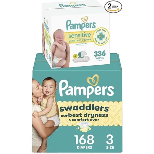 Diapers Size 3, 168 Count and Baby Wipes - Pampers Swaddlers Disposable Baby Diapers and Water Baby Wipes Sensitive Pop-Top Packs, 336 Count (Packaging May Vary)