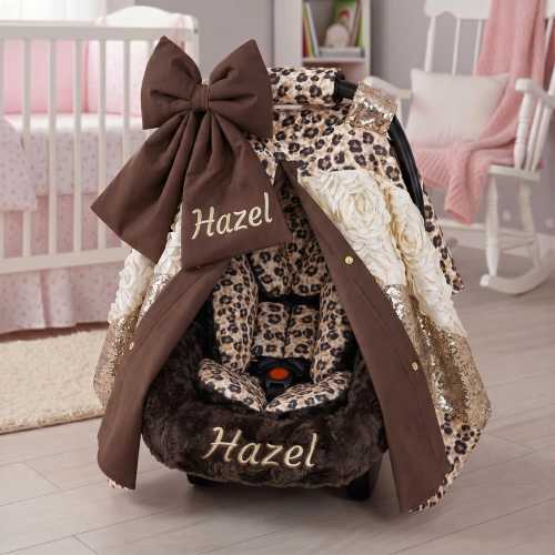 Personalized Leopard Print Baby Car Seat 6pc Set - Embroidered Bow and Minky Liner - Baby Car Seat Accessories - Head Support Insert