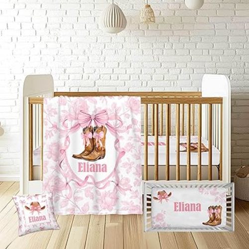 Personalized Pink Bow Baby Crib Bedding Sets for Girls – Custom Name Western 3-Piece Cowgirl Nursery Set with Soft Blanket, Fitted Sheet & Pillowcase for Newborn or Infant Gift