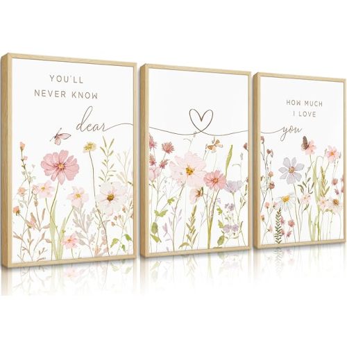 3Pcs Pink Wildflower Wall Art Girls Nursery Wildflower Wall Decor Watercolor Botanica Canvas Prints Pink Floral Pictures Flower Sentence Painting Vogue Cute Baby Room 12x16in Unframed Posters