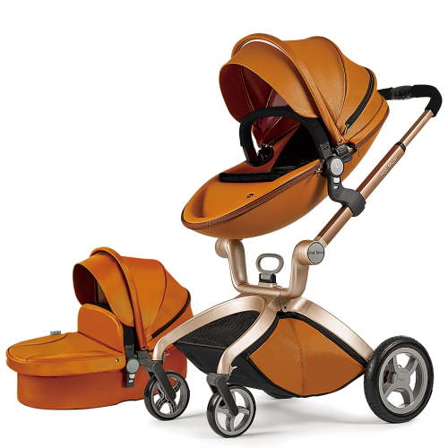 Hot Mom Baby Stroller Reversible Luxury PU Leather Pram,Brown