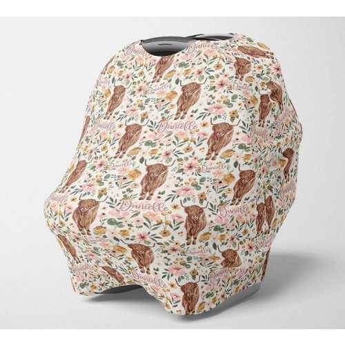Floral Highland Cow Carseat Cover- Personalized Baby Girl Personalized Car Seat Canopy,  Stretchy Floral Car seat Cover,  Baby Shower Gift